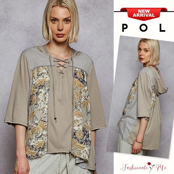 POL Lace-Up Vintage Floral Pattern Paisley Panel Details Hooded T-Shirt | Olive - Picture 1 of 4